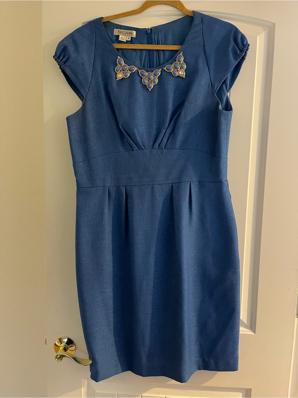 Kay Unger Blue Midi Sheath Dress with Decorative Necklace Detail
